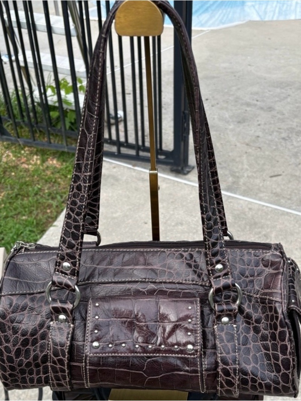 Donald J Pliner Brown Croc Embossed Leather Satchel Bag + Matching Size 8 Shoes